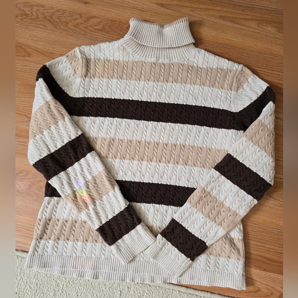 Valerie Stevens Striped Turtleneck Cable Knit Sweater